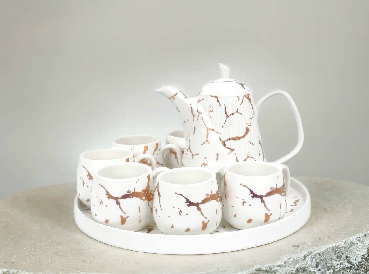 TM89 Putih Perlengkapan Minum Teh Livia dengan motif Marmer